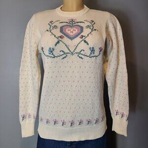 Vintage Eddie Bauer Womens Sweater Lovely Heart Sz Large Birdseye Floral Cotton